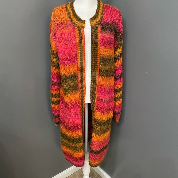 Vince Camuto Sweaters - VINCE CAMUTO Long Crochet Open Striped Cardigan Size M Pink Orange Boho Hippie